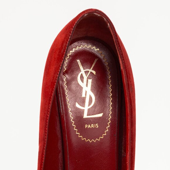 Yves Saint Laurent Tribtoo 80 Platform Poppy Suede & Nero Cap-Toe Pumps - Picture 8 of 9